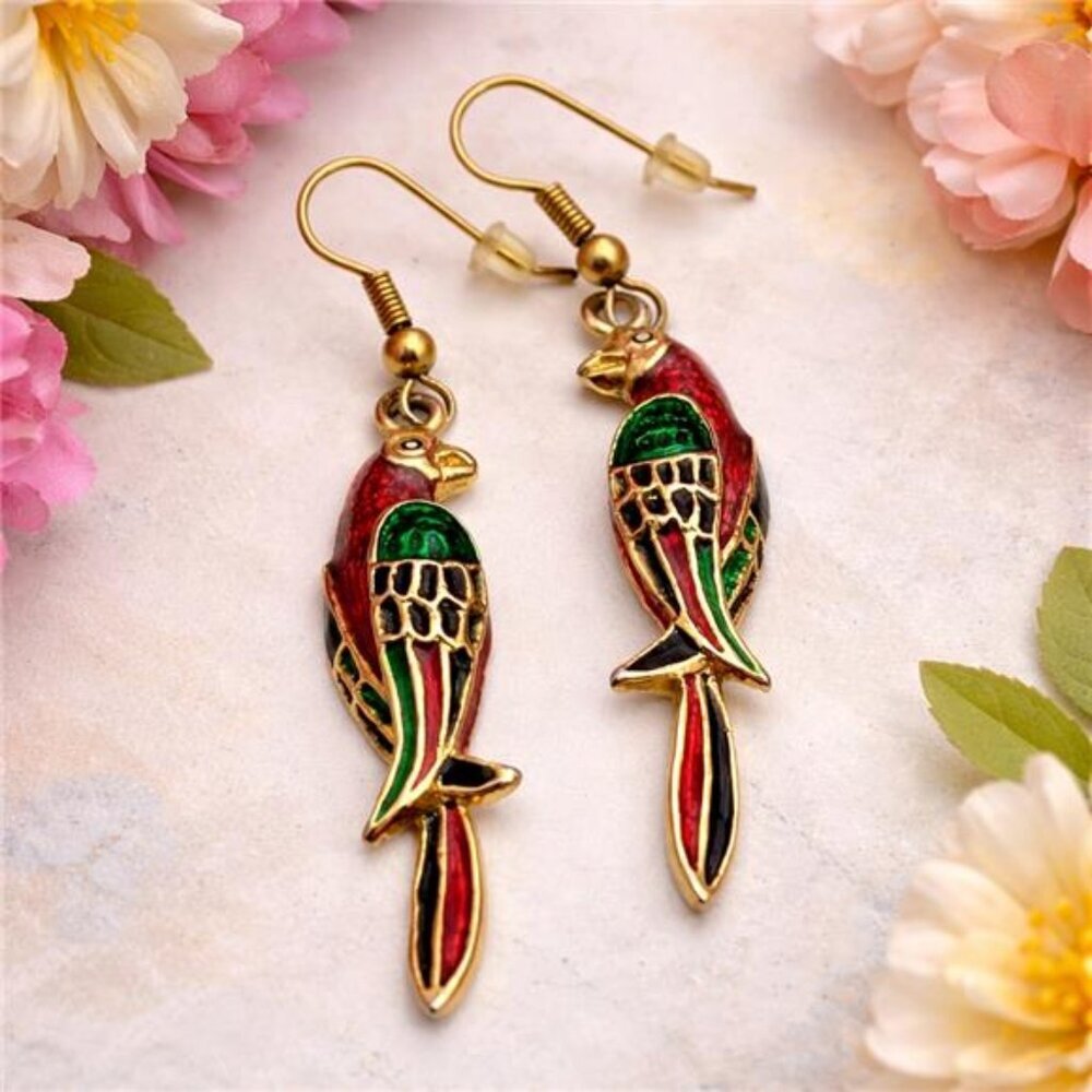 Vintage Enamel Parrot Bird Dangle Earrings Gold Tone Colorful 2 In Statement